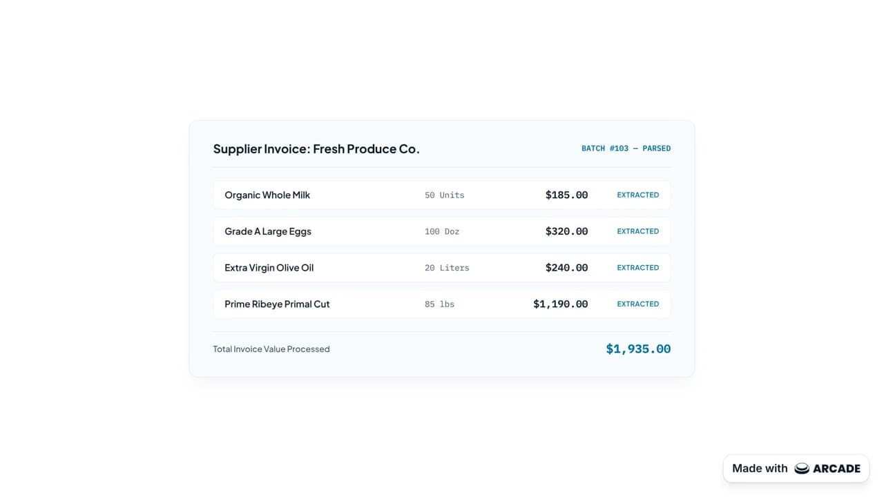 Neumas product demo showing supplier receipts and extracted costs